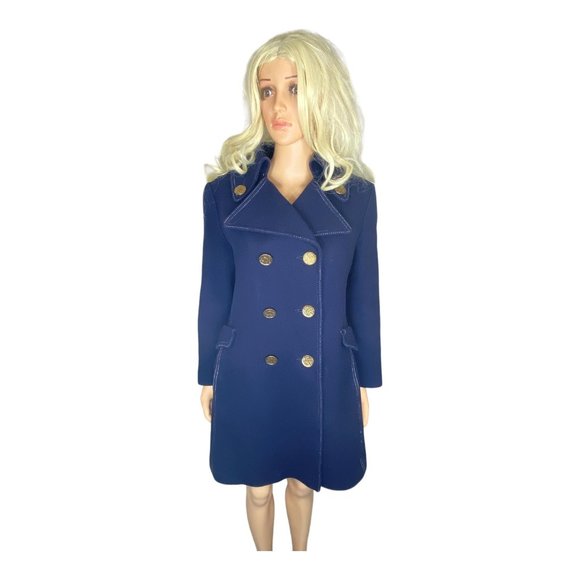Vintage Arthur Jay Wool Peacoat S/M Navy Contrast Gold Button Quilted Liner Warm - Picture 2 of 16